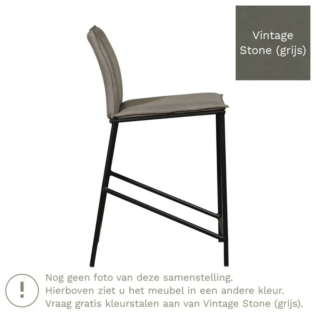 afbeelding van Leren barkruk laag Favor - Vintage Stone (grijs) - poten staal rond zwart